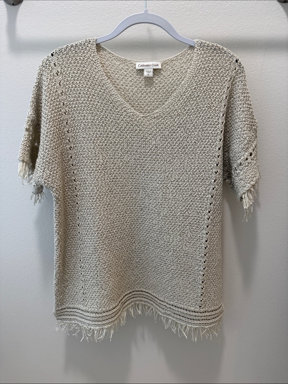 Coldwater Creek Tan Fringe V-Neck Knit Top XL